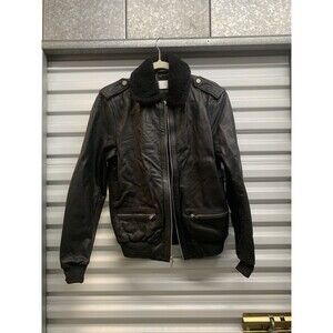 NWT 7 For All Mankind Unisex Black Leather Bomber Jacket Lamb Dyed Collar Small